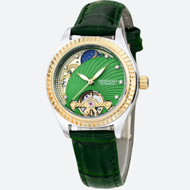 Montre Automatique Femme Squelette Phase de Lune Bracelet Cuir