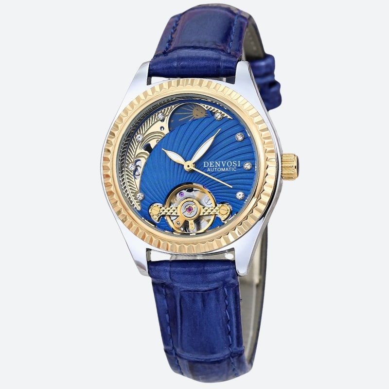Montre Automatique Femme Squelette Phase de Lune Bracelet Cuir