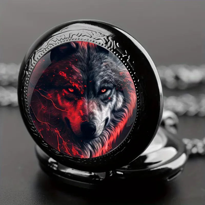 Montre à Gousset Homme Quartz Gravée Loup Vintage