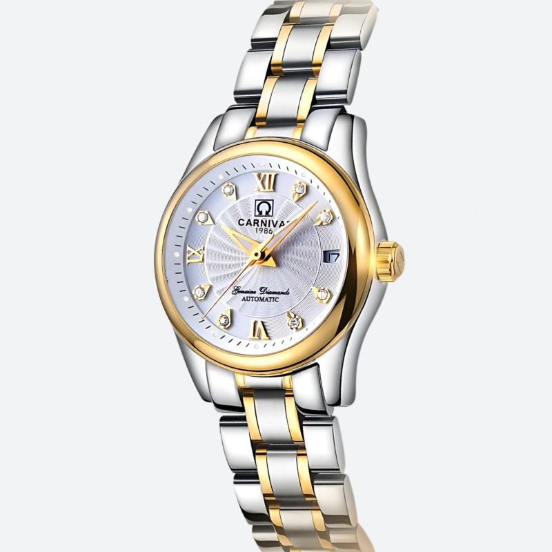 Montre Automatique Femme Acier Bicolore Cadran à Cristaux
