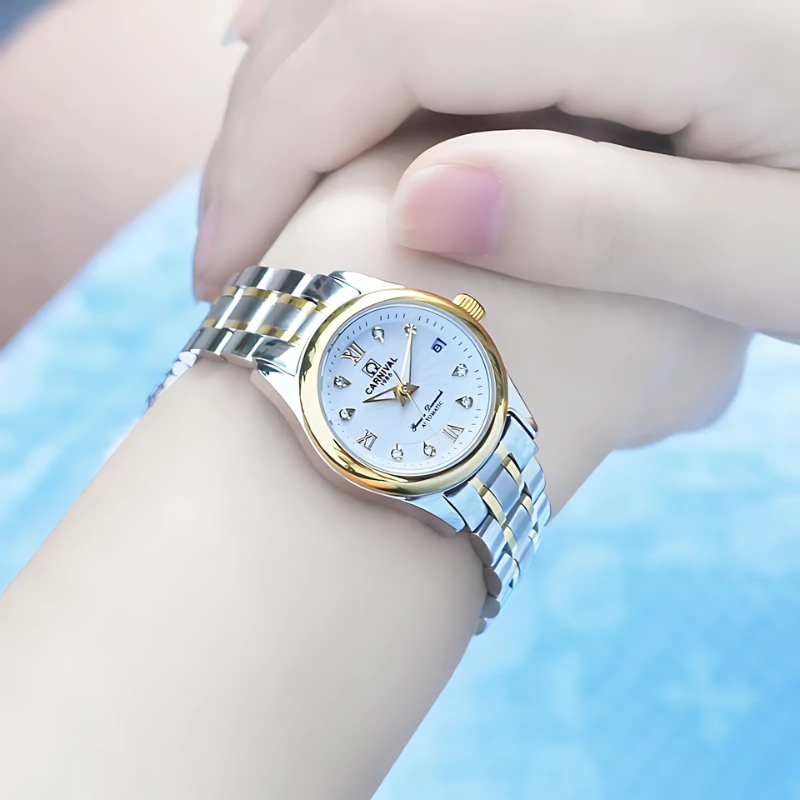 Montre Automatique Femme Acier Bicolore Cadran à Cristaux