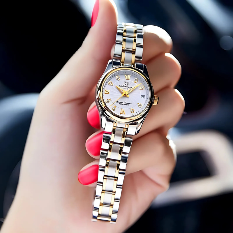 Montre Automatique Femme Acier Bicolore Cadran à Cristaux