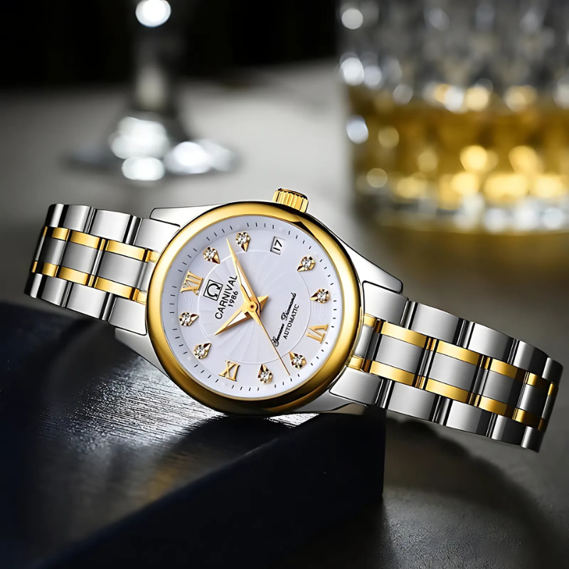 Montre Automatique Femme Acier Bicolore Cadran à Cristaux