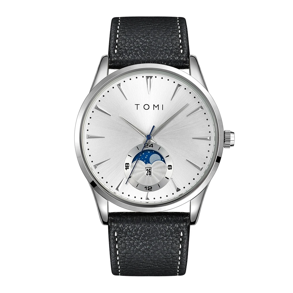 Montre Automatique Femme Cadran Argenté Bracelet Cuir Noir