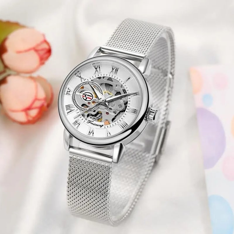 Montre Automatique Femme Maille Milanaise Cadran Ajouré