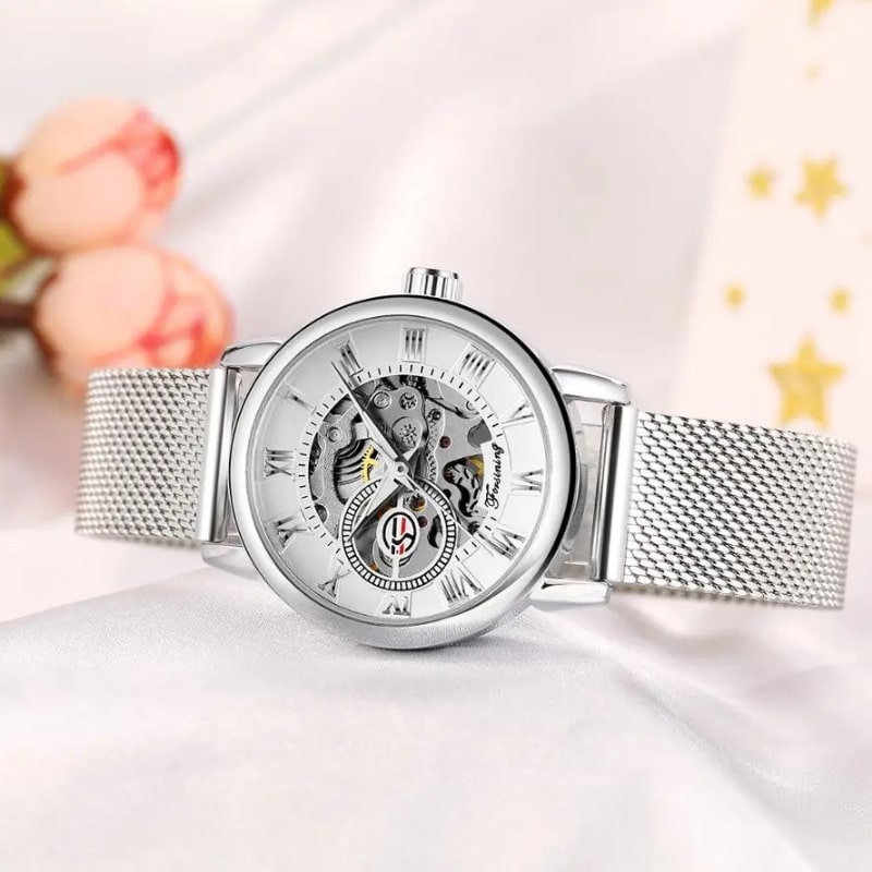 Montre Automatique Femme Maille Milanaise Cadran Ajouré