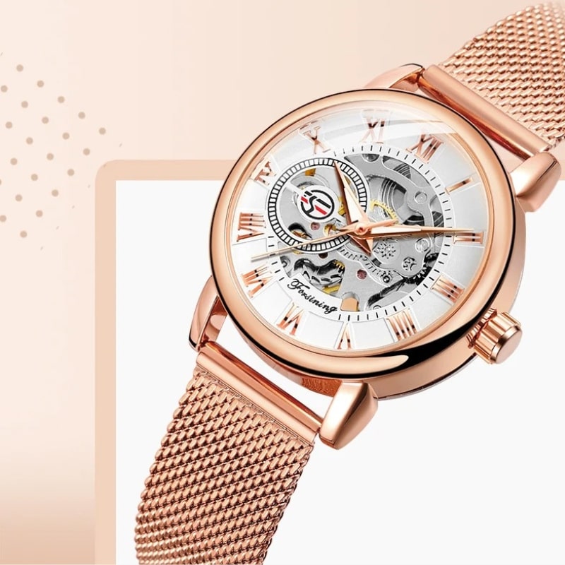 Montre Automatique Femme Maille Milanaise Cadran Ajouré