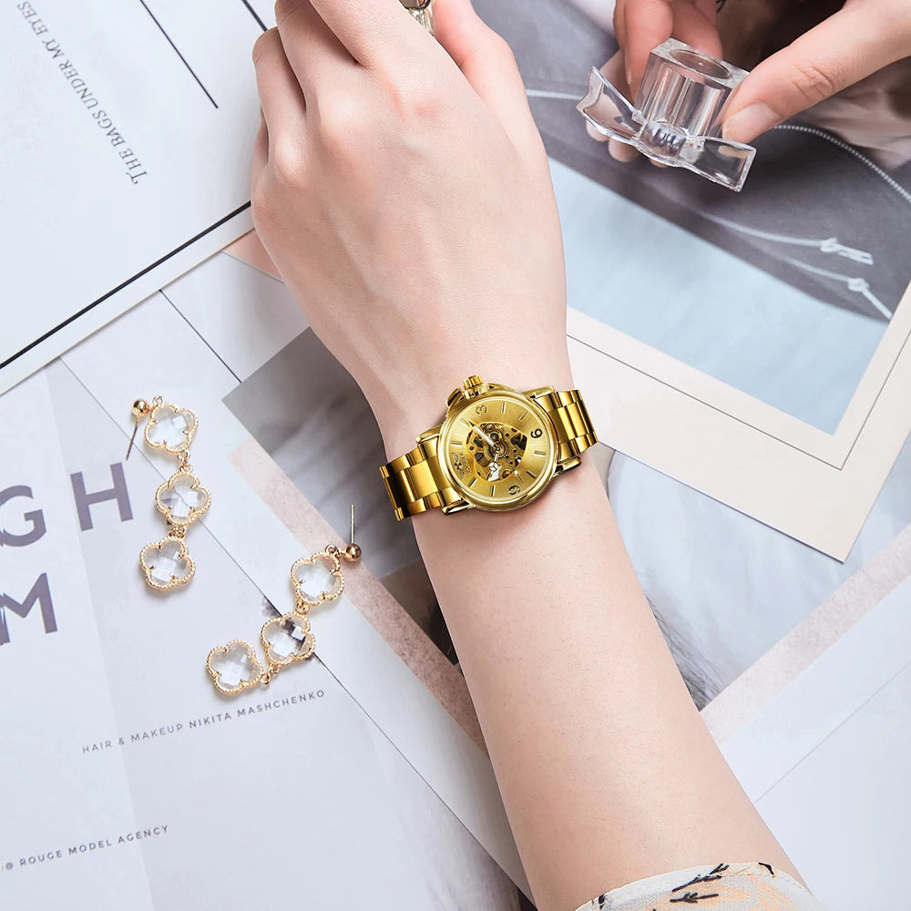 Montre Automatique Femme Squelette Dorée Bracelet Acier