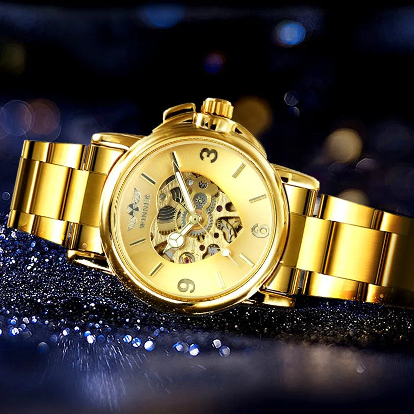 Montre Automatique Femme Squelette Dorée Bracelet Acier