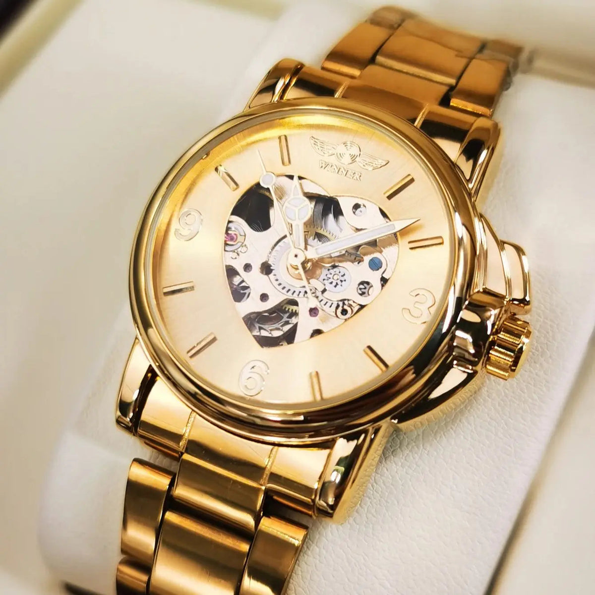 Montre Automatique Femme Squelette Dorée Bracelet Acier