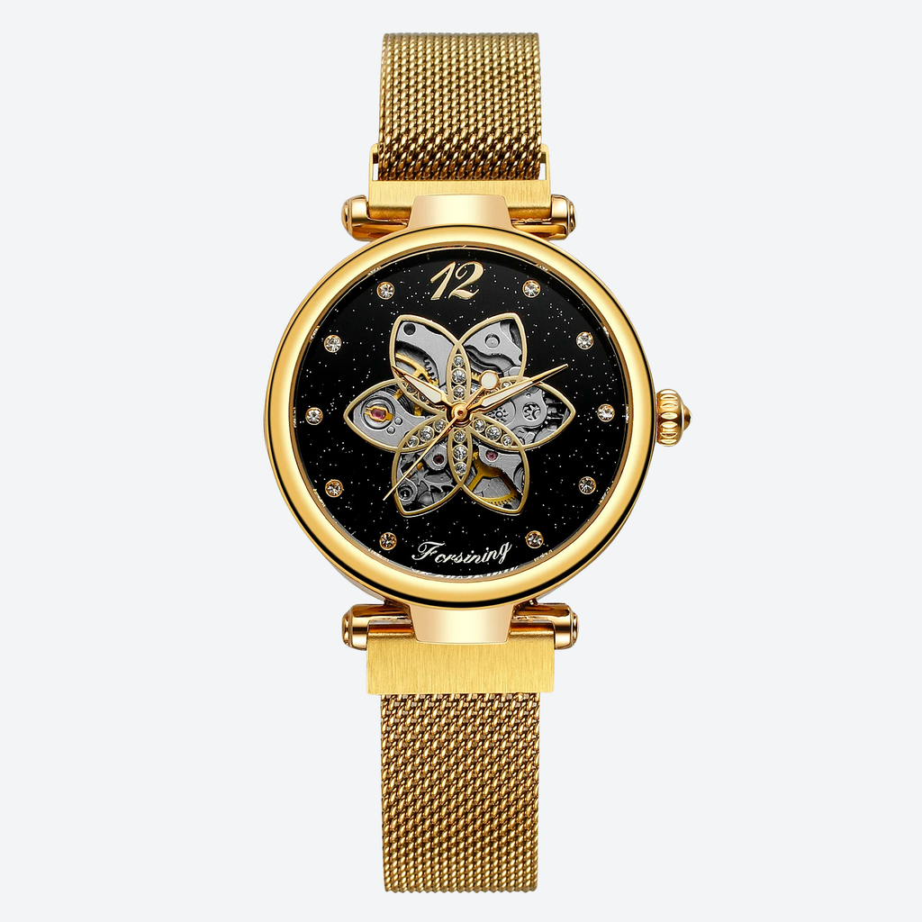 Montre Automatique Femme Squelette Floral Maille Milanaise