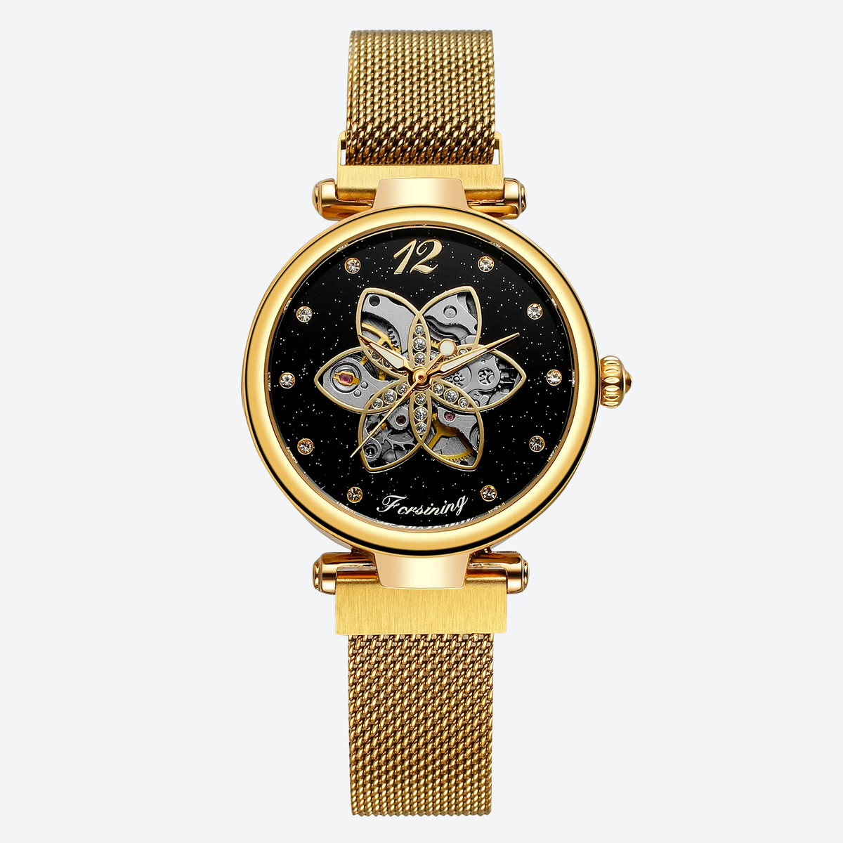 Montre Automatique Femme Squelette Floral Maille Milanaise