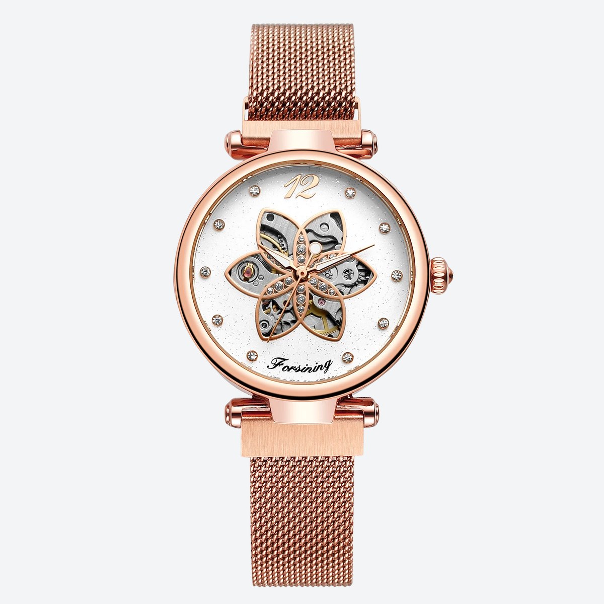 Montre Automatique Femme Squelette Floral Maille Milanaise