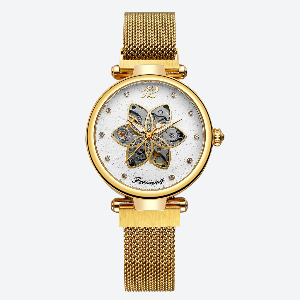 Montre Automatique Femme Squelette Floral Maille Milanaise