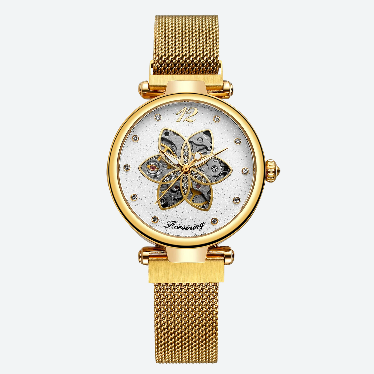 Montre Automatique Femme Squelette Floral Maille Milanaise