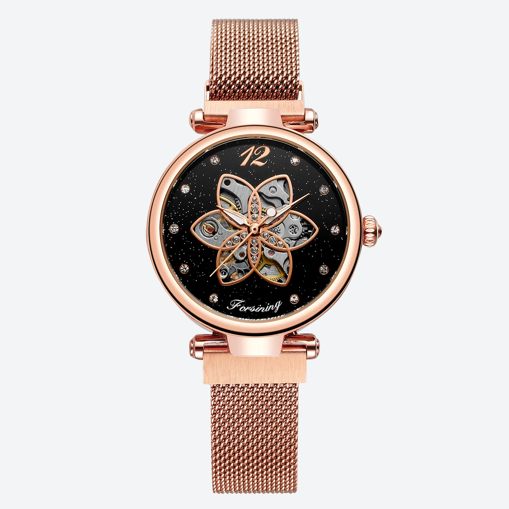 Montre Automatique Femme Squelette Floral Maille Milanaise