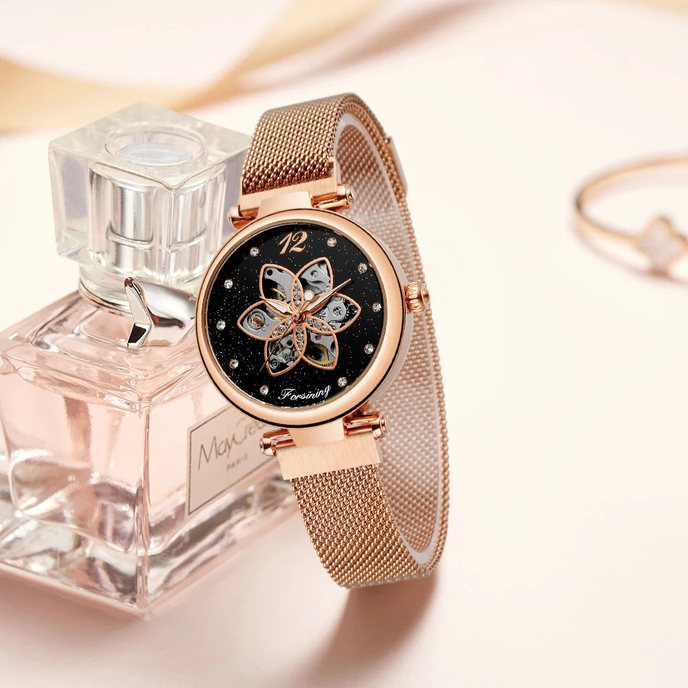 Montre Automatique Femme Squelette Floral Maille Milanaise