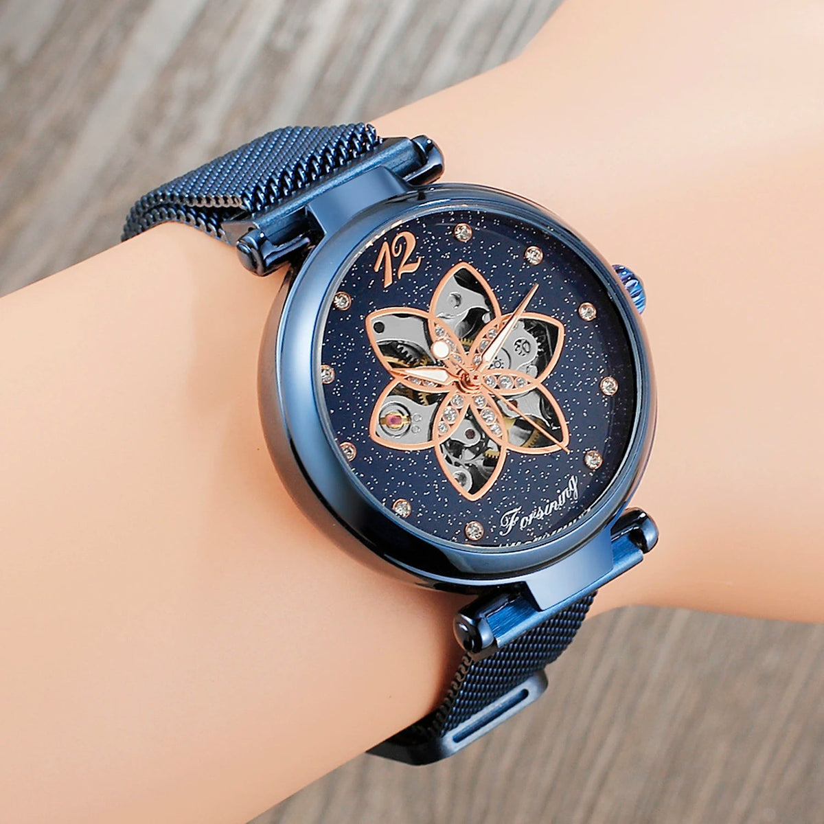 Montre Automatique Femme Squelette Floral Maille Milanaise