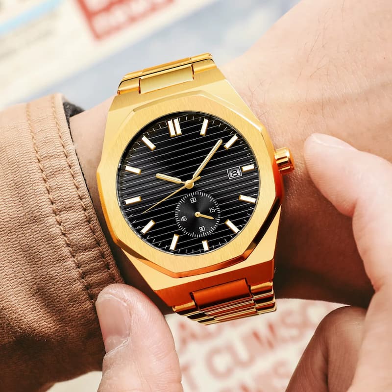 Montre Automatique Homme Dorée Boîtier Octogonal Acier
