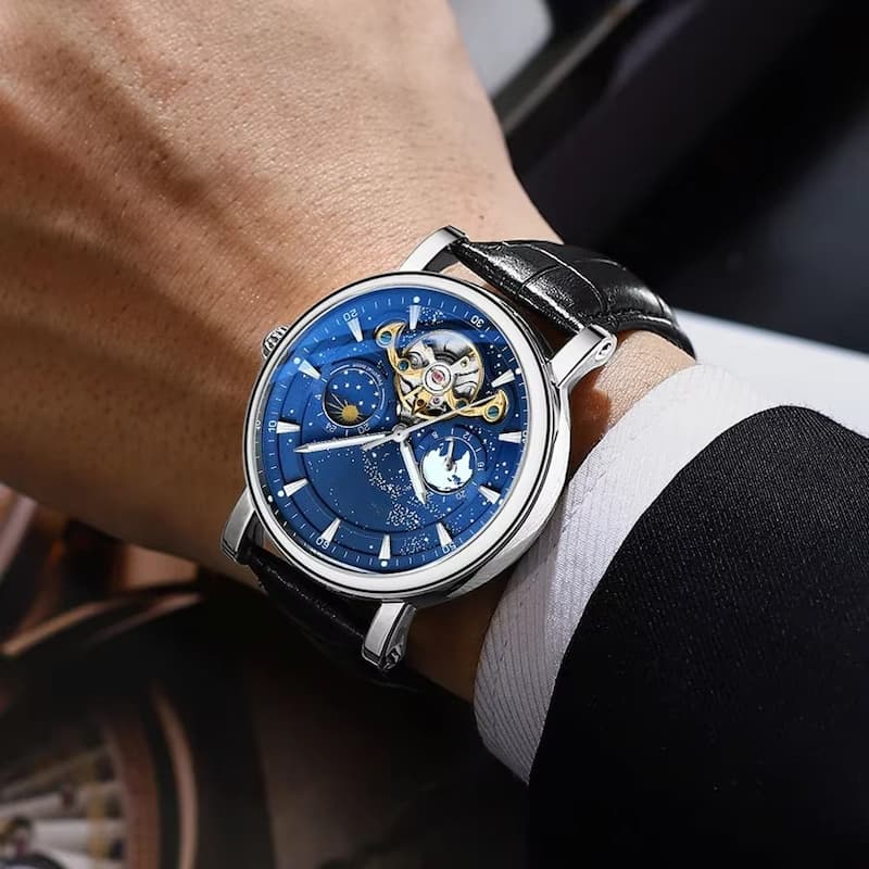 Montre Automatique Homme Phase de Lune Cadran Lumineux