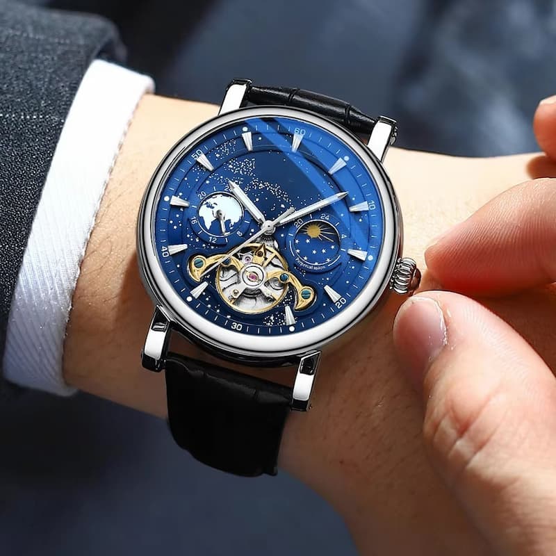 Montre Automatique Homme Phase de Lune Cadran Lumineux