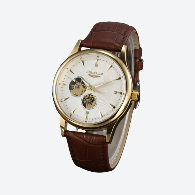Montre Automatique Homme Squelette Doré Bracelet Cuir Marron