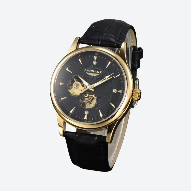 Montre Automatique Homme Squelette Doré Bracelet Cuir Marron