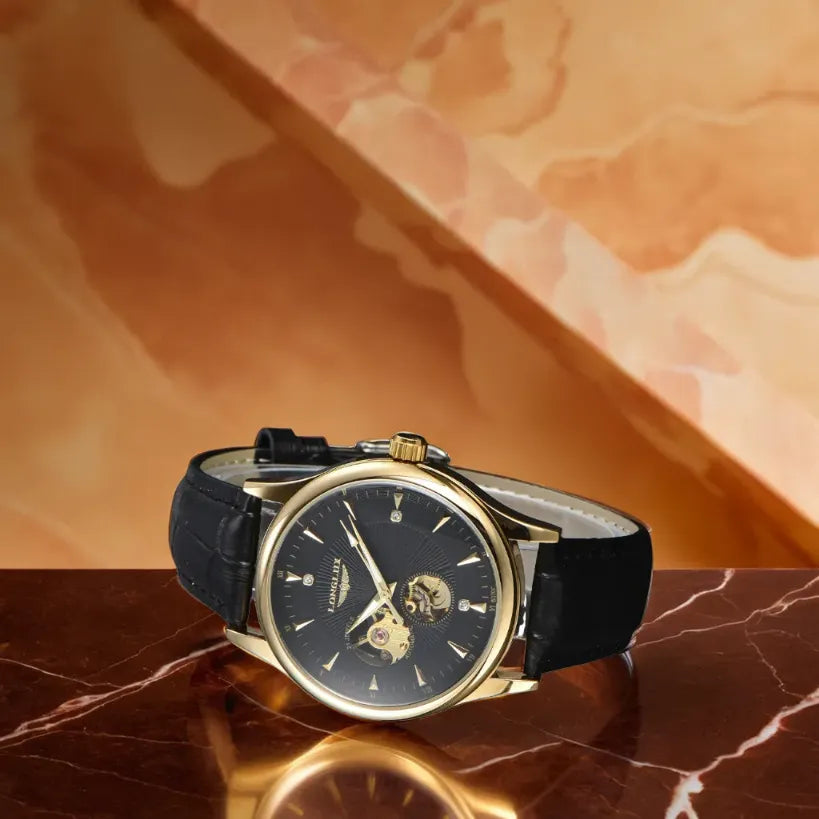 Montre Automatique Homme Squelette Doré Bracelet Cuir Marron