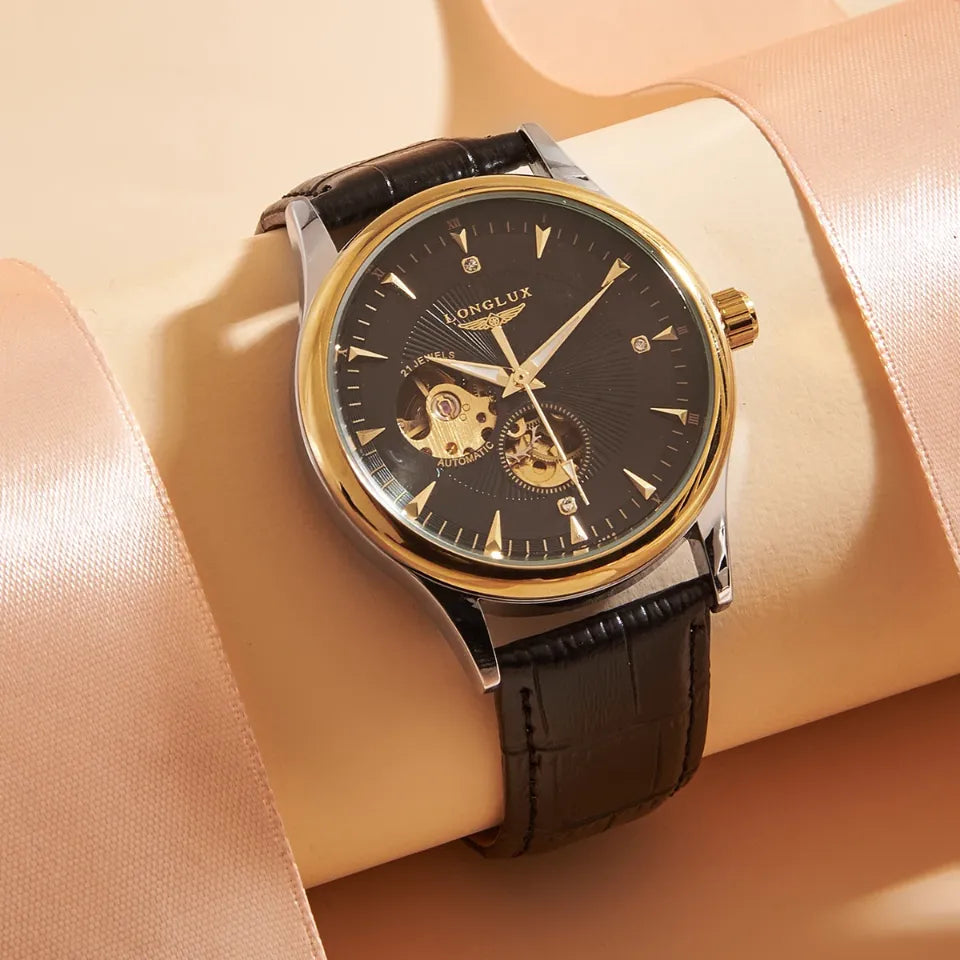 Montre Automatique Homme Squelette Doré Bracelet Cuir Marron
