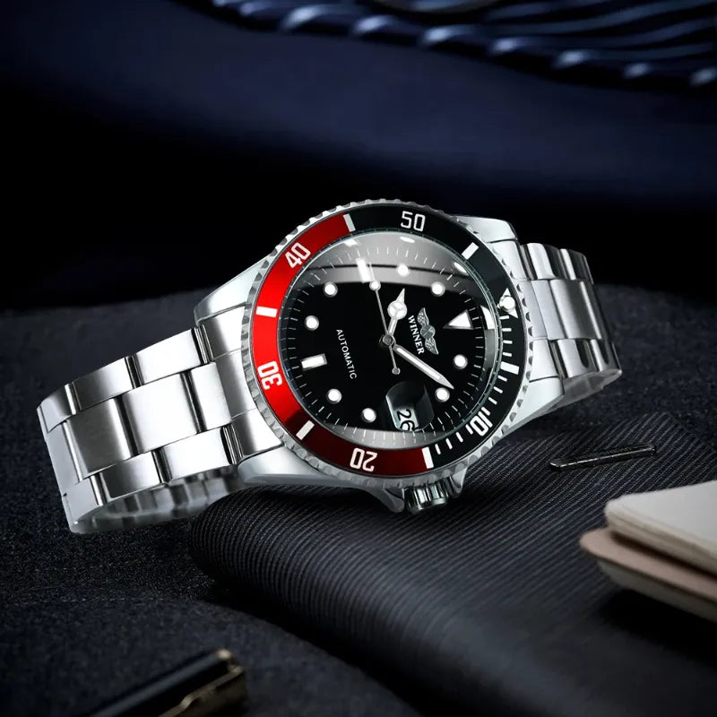Montre Automatique Homme Style Plongée Bracelet Acier Cadran Noir