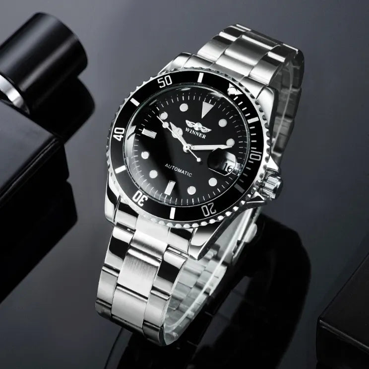 Montre Automatique Homme Style Plongée Bracelet Acier Cadran Noir