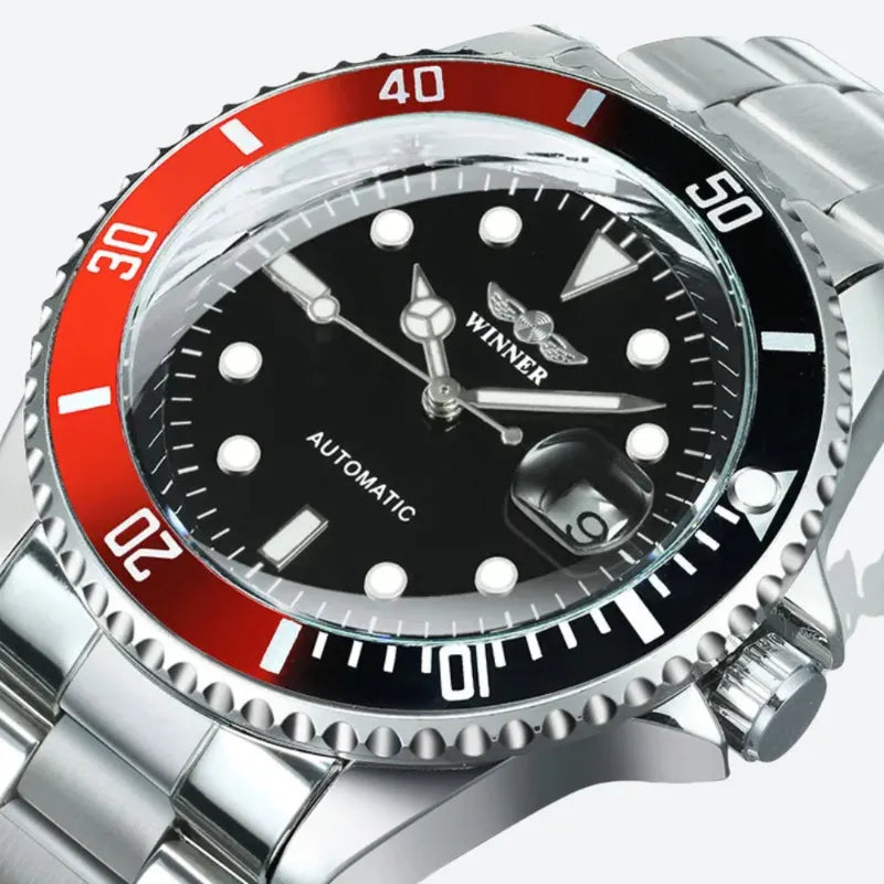 Montre Automatique Homme Style Plongée Bracelet Acier Cadran Noir