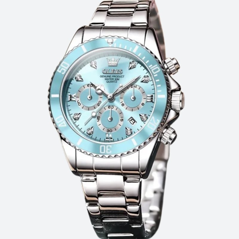 Montre Chronographe Femme Cadran Bleu Glacier & Finitions Chromées