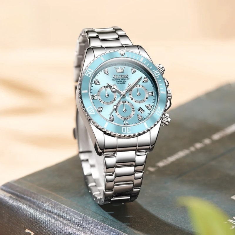 Montre Chronographe Femme Cadran Bleu Glacier & Finitions Chromées