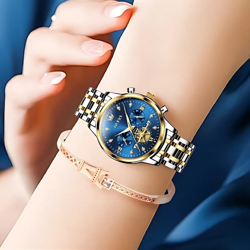 Montre Chronographe Femme Cadran Bleu Roi & Bracelet Acier Bicolore