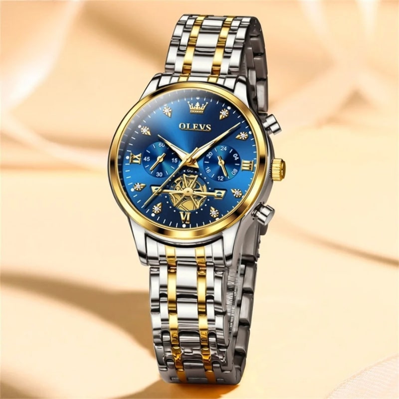 Montre Chronographe Femme Cadran Bleu Roi & Bracelet Acier Bicolore