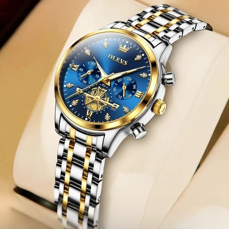 Montre Chronographe Femme Cadran Bleu Roi & Bracelet Acier Bicolore