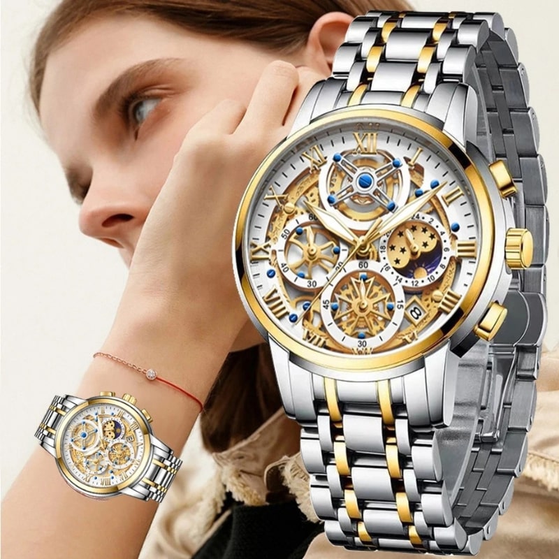 Montre Chronographe Femme Cadran Texturé & Bracelet Métallique