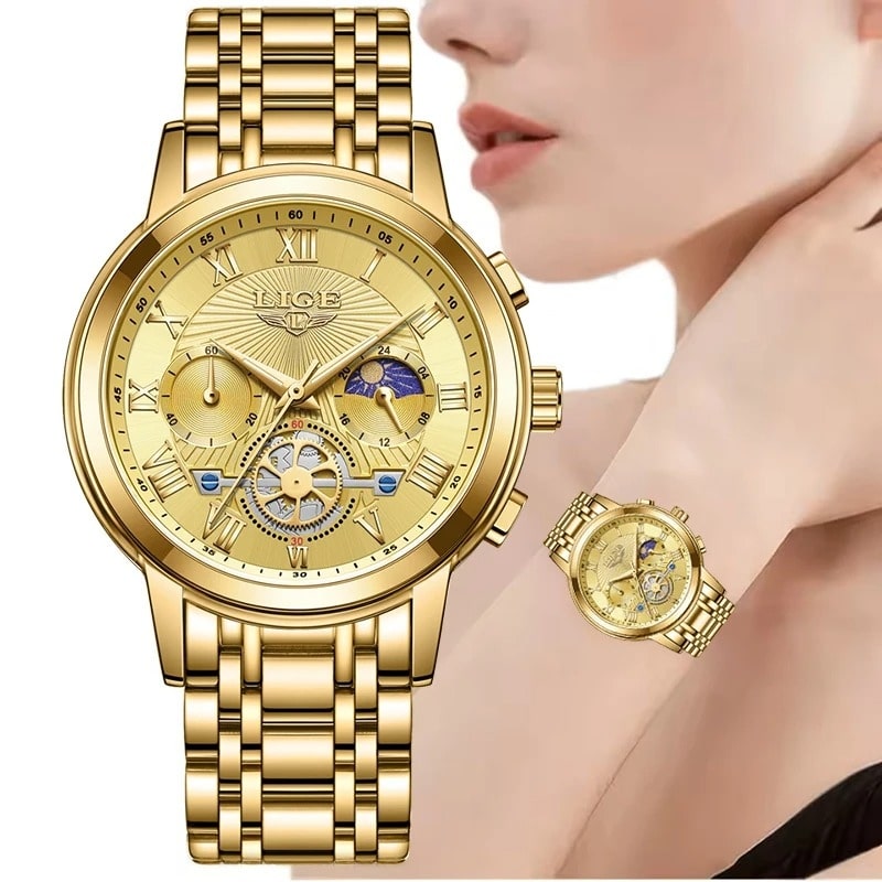 Montre Chronographe Femme Dorée Phase Lunaire