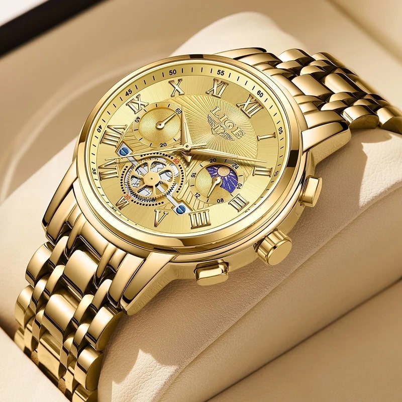 Montre Chronographe Femme Dorée Phase Lunaire