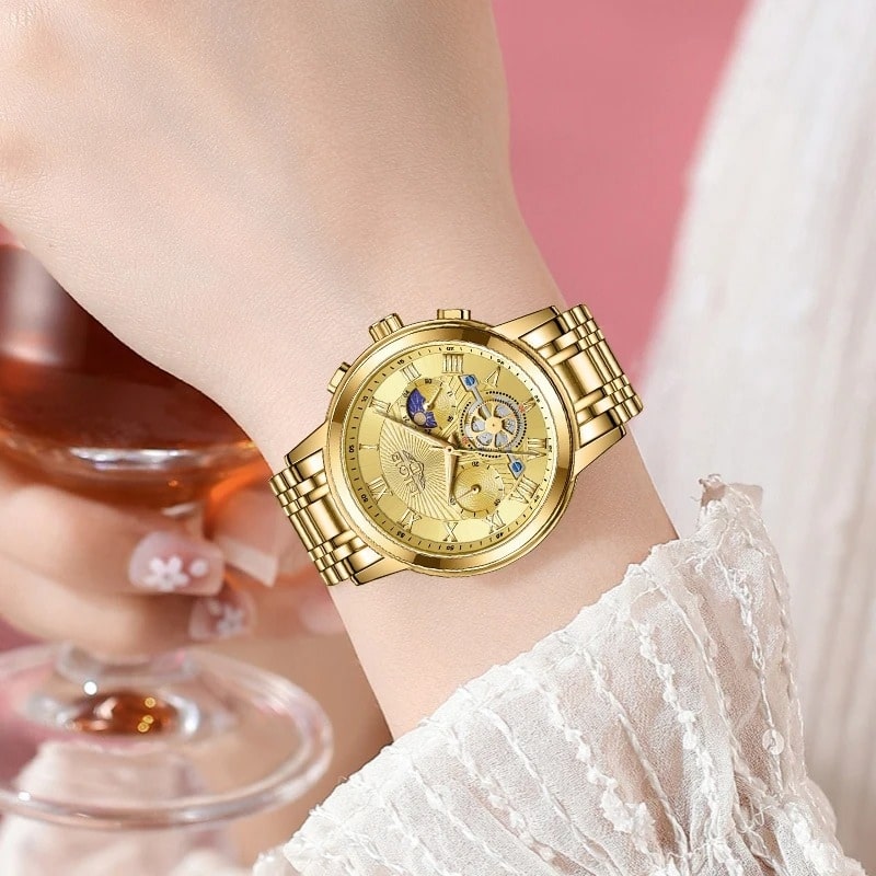 Montre Chronographe Femme Dorée Phase Lunaire