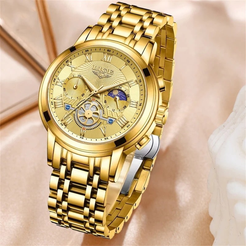 Montre Chronographe Femme Dorée Phase Lunaire