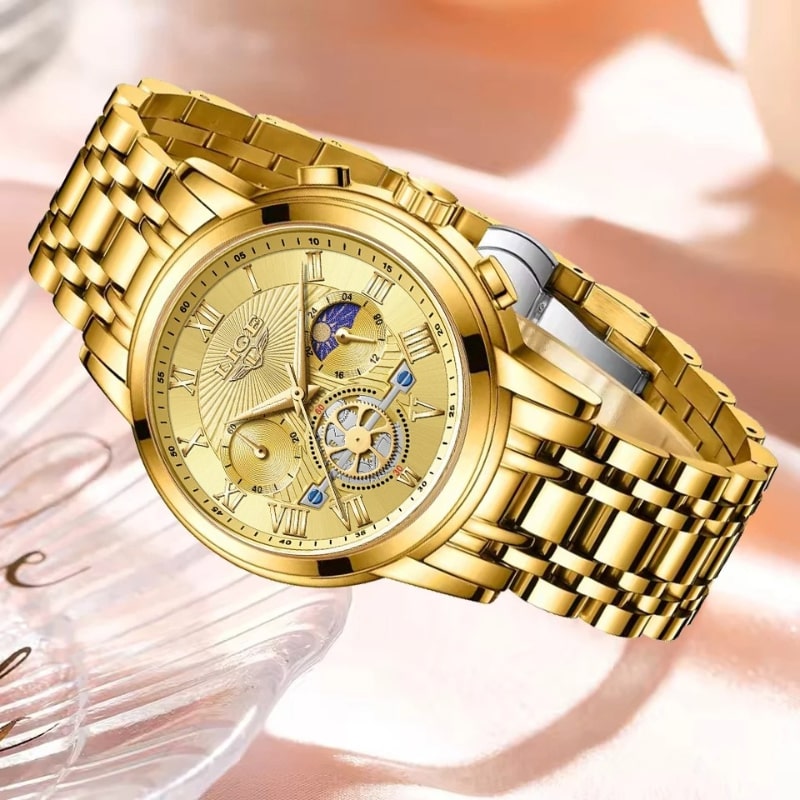 Montre Chronographe Femme Dorée Phase Lunaire
