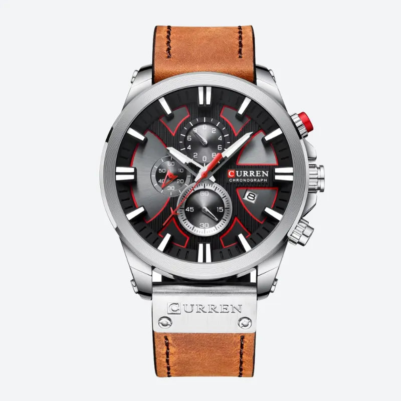 Montre Chronographe Homme à Quartz Boîtier Large Bracelet Cuir