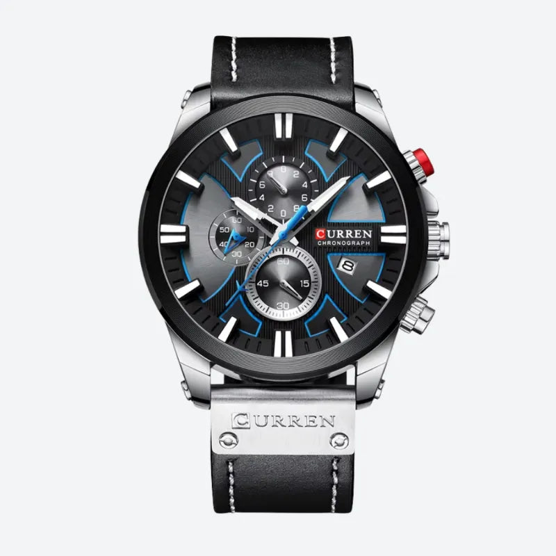Montre Chronographe Homme à Quartz Boîtier Large Bracelet Cuir
