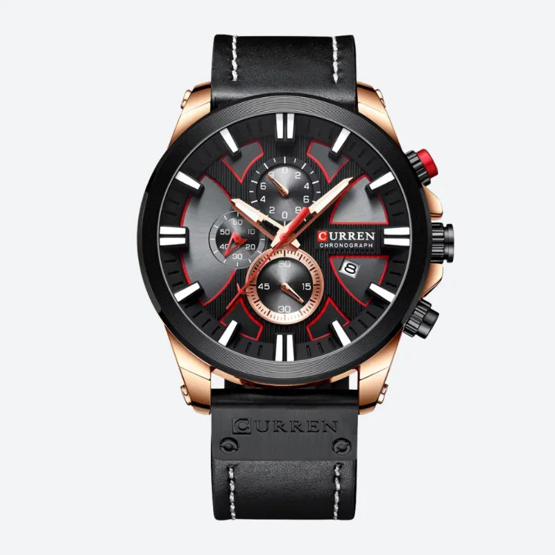 Montre Chronographe Homme à Quartz Boîtier Large Bracelet Cuir