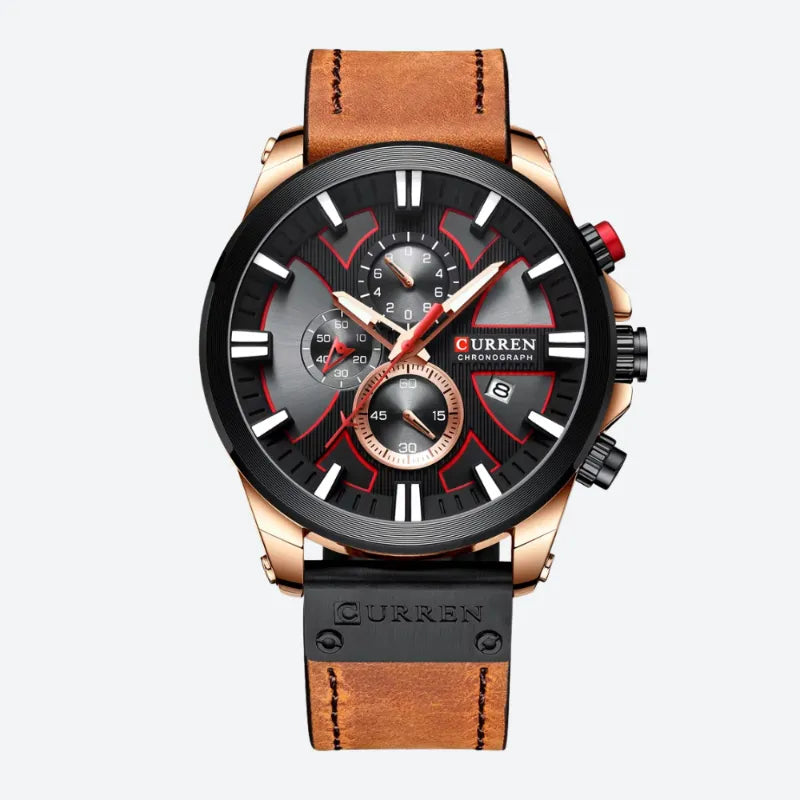Montre Chronographe Homme à Quartz Boîtier Large Bracelet Cuir