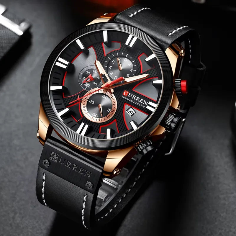 Montre Chronographe Homme à Quartz Boîtier Large Bracelet Cuir