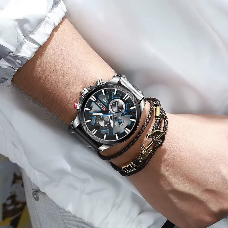 Montre Chronographe Homme à Quartz Boîtier Large Bracelet Cuir