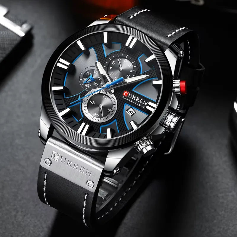 Montre Chronographe Homme à Quartz Boîtier Large Bracelet Cuir